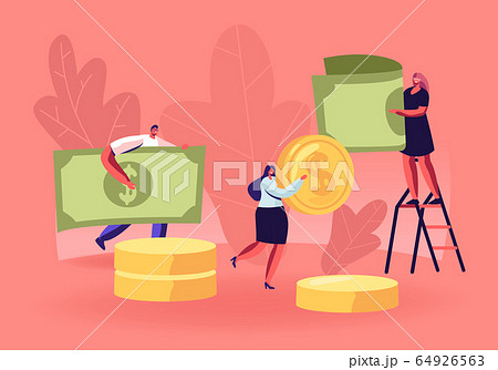 People Collecting and Saving Money Concept. Tiny Male and Female Characters Carry Huge Dollar Coins and Banknotes. Financial Success, Responsibility and Literacy. Cartoon Flat Vector Illustration People Collecting and Saving Money Concept. Tiny Male and Female Characters Carry Huge Dollar Coins and Banknotes. Financial Success, Responsibility and Literacy. Cartoon Flat Vector Illustration 64926563