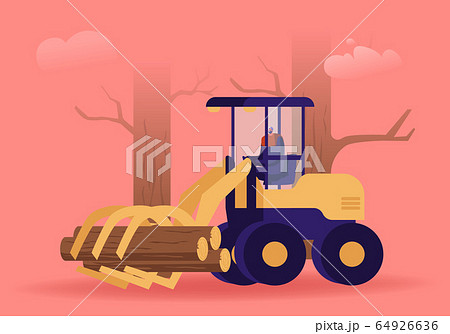 Cut Wood Industry Occupation. Lumberer Driving Log Harvester Working at Forest Area for Delimbing, Cutting and Sorting Wood Pile. Woodcutter Truck Tree in Forest. Cartoon Flat Vector Illustration Cut Wood Industry Occupation. Lumberer Driving Log Harvester Working at Forest Area for Delimbing, Cutting and Sorting Wood Pile. Woodcutter Truck Tree in Forest. Cartoon Flat Vector Illustration 64926636