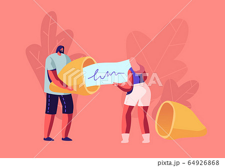 Tiny Man and Woman Holding Huge Fortune Cookie Reading Forecasting on Piece of Paper. Surprised Message inside of Bake. Chinese Traditional Food, Prediction for Future Cartoon Flat Vector Illustration 64926868