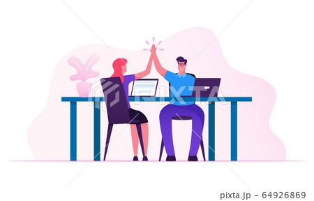 Contract Signing, Triumph and Support Concept.Man and Woman Colleagues Sitting at Desk Giving Highfive to Each Other after Goal Achievement or Successful Business Deal Cartoon Flat Vector Illustration 64926869