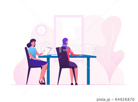 Couple of Female Business Characters Sitting at Table Conducting Negotiations in Meeting Room or Boss Office. Businesspeople Communication. Leader Speaking with Staff. Cartoon Flat Vector Illustration 64926870