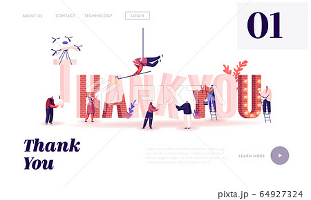 Thanking Website Landing Page. Male and Female Characters Set Up, Painting and Decorate Huge Word Thank You 64927324