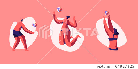 Beach Volleyball Set. Sportswomen and Sportsmen Team Competition. People Playing with Ball on Seaside at Summer Time 64927325
