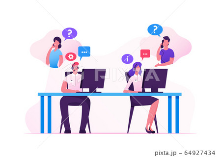 Hotline Operators Help Clients to Solve their Problems. Smiling Friendly Male and Female Call Center Receptionists Hotline Operators Help Clients to Solve their Problems. Smiling Friendly Male and Female Call Center Receptionists 64927434