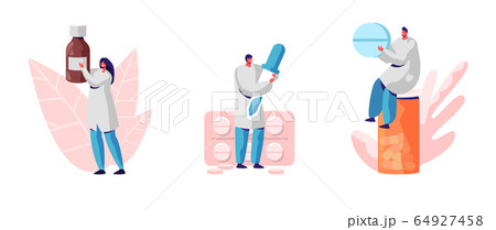 Set of Medics with Medication Isolated on White Background. Male and Female Doctors in Uniform Holding Remedy in Bottle 64927458