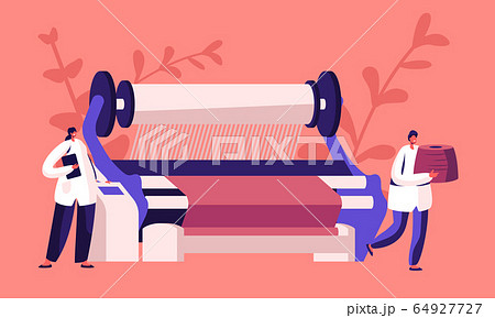 Textile Machinery Manufacture. Factory Worker Characters in Uniform Standing Near Controlling Panel of Huge Weaver Loom Creating Cloth. Plant Facilities, Equipment. Cartoon Flat Vector Illustration Textile Machinery Manufacture. Factory Worker Characters in Uniform Standing Near Controlling Panel of Huge Weaver Loom Creating Cloth. Plant Facilities, Equipment. Cartoon Flat Vector Illustration 64927727