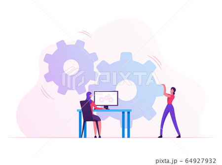 Woman Moving Huge Cogwheels Mechanism with Hands, Businesswoman Sitting at Desk with Computer Managing Process on Pc Screen. Development and Innovation in Business. Cartoon Flat Vector Illustration Woman Moving Huge Cogwheels Mechanism with Hands, Businesswoman Sitting at Desk with Computer Managing Process on Pc Screen. Development and Innovation in Business. Cartoon Flat Vector Illustration 64927932