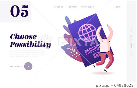 Tourist Get Visa and Passport for Traveling Abroad Website Landing Page. Happy Cheerful Man Rejoice with Hands Up 64928025