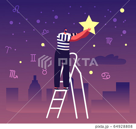 Male Character Stand on Ladder Put Star on Night Sky with Zodiac Constellations. Cosmos Exploration, Scientific Male Character Stand on Ladder Put Star on Night Sky with Zodiac Constellations. Cosmos Exploration, Scientific 64928808