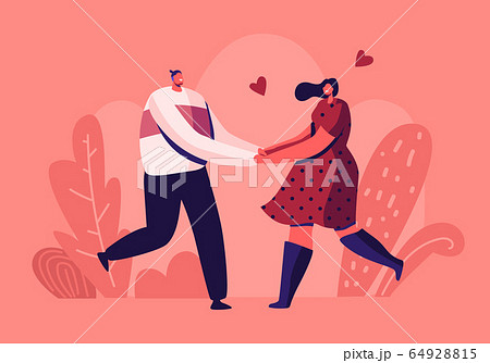 Happy Loving Couple Outdoors Sparetime. Cheerful Man and Woman Characters Spend Time Together Holding Hands 64928815