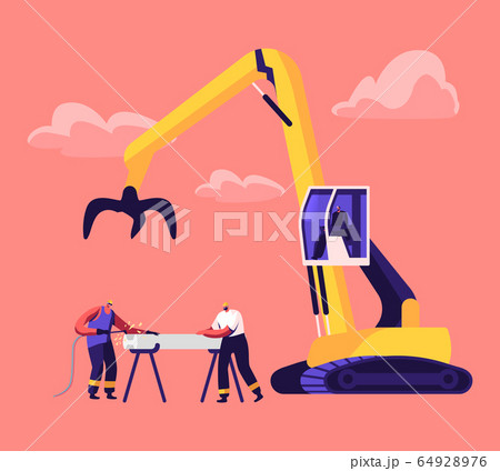 Scrapmetal Recycling and Reuse Concept. Couple of Workers in Uniform and Hardhat Welding Iron Rail 64928976
