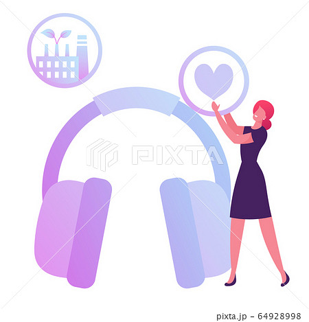 Hse Concept. Woman Holding Heart Icon in Hands Stand near Huge Headset for Workers Ears Protection on Factory 64928998