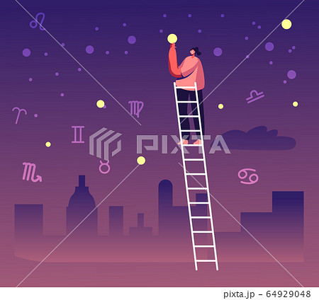 Female Character Stand on Ladder Take Star from Sky among Zodiac Constellations. Woman Studying Astrology and Astronomy Female Character Stand on Ladder Take Star from Sky among Zodiac Constellations. Woman Studying Astrology and Astronomy 64929048