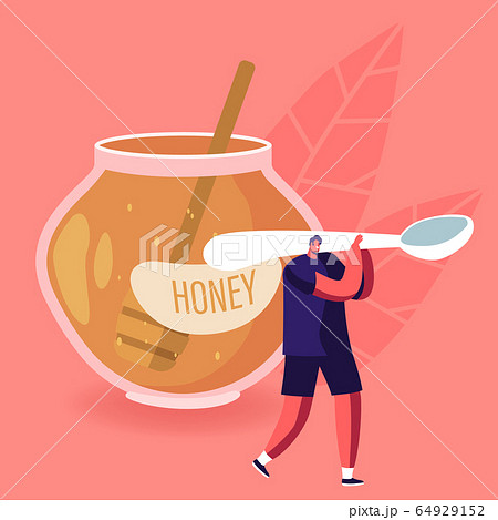 Natural Healthy Sweeteners Concept. Tiny Male Character Carry Huge Spoon near Glass Jar Full of Honey Natural Healthy Sweeteners Concept. Tiny Male Character Carry Huge Spoon near Glass Jar Full of Honey 64929152