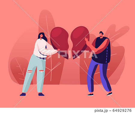 Heartbroken Couple Parting, Divorce. Sad Young Man and Woman Trying to Put Together Parts of Broken Heart 64929276