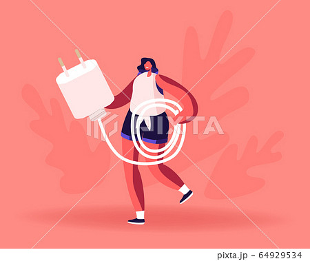 Woman Carry Cellphone Charger Wire for Charging Smartphone. Tiny Female Character with Usb Cable for Mobile Phone 64929534
