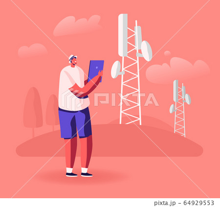 Man with Tablet Pc Stand near Transmission Tower Using 5G Internet for Chatting Texting in Social Networks 64929553