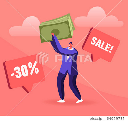 Total Sale Concept. Young Man Customer Holding Huge Money Bills with Percent Symbol. Special Shopping Offer Promotion 64929735