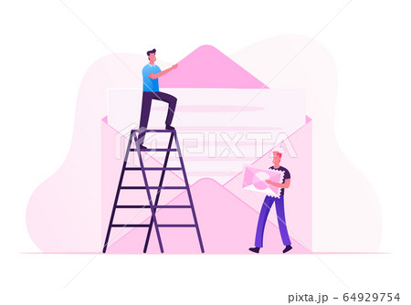 People Sending Mail to Friends. Tiny Man Stand on Ladder Put Paper Letter with Text into Huge Envelope 64929754