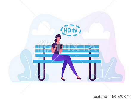 Young Woman Sitting on Bench with Tablet in Hands Communicating Online and Watching HD Tv Programs Using High-speed 5G 64929875