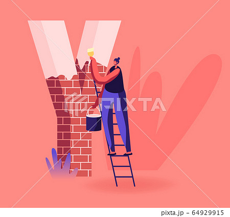 Happy Smiling Woman Stand on Ladder Holding Bucket with Paint and Brush Painting Huge Letter Y Made of Red Bricks Happy Smiling Woman Stand on Ladder Holding Bucket with Paint and Brush Painting Huge Letter Y Made of Red Bricks 64929915
