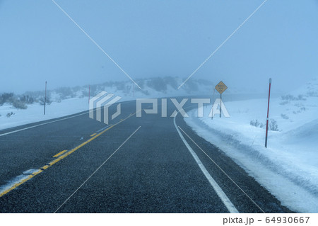 Road by snow in fog 64930667