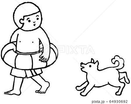浮き輪と少年と犬 モノクロver のイラスト素材