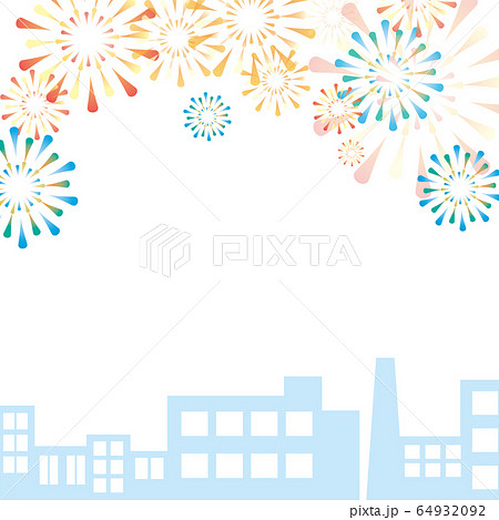 白背景に花火と街のイラスト 正方形のイラスト素材