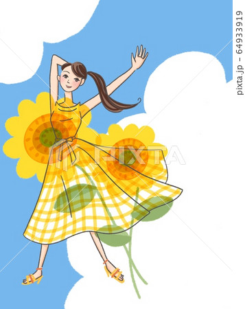 女性 ひまわり ワンピースのイラスト素材