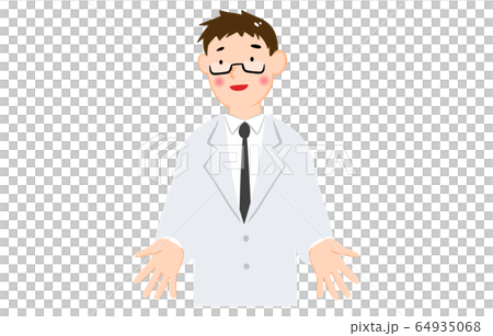 Illustration of a man in a white coat happily spreading his hands 64935068