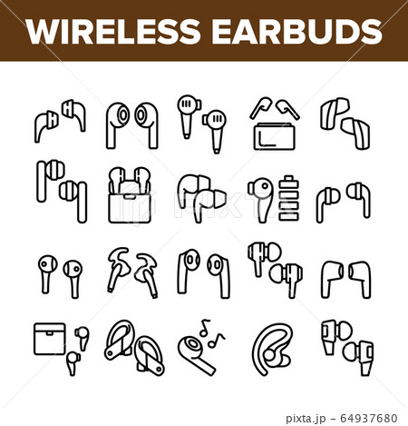 Wireless Earbuds Stereo Device Icons Set Vector 64937680