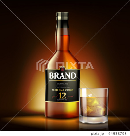 Single malt Whiskey Drink ads design. Realistic glass whiskey bottle label on shiny gold background. Vector 3d illustration Single malt Whiskey Drink ads design. Realistic glass whiskey bottle label on shiny gold background. Vector 3d illustration 64938793