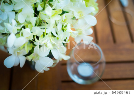 white orchid decorated in vase on wood table 64939465