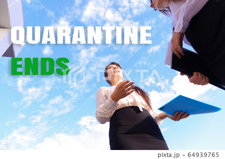Business woman standing in sky background and rejoicing quarantine end. 64939765