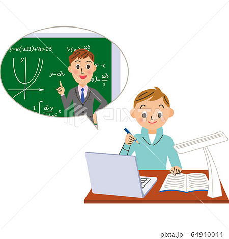 オンライン授業で数学を教える先生と男子生徒のイラスト素材