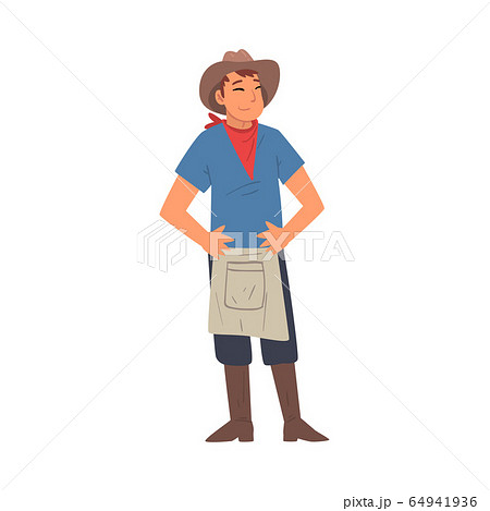 Cheerful Male Farmer Character in Hat, Apron and Rubber Boots Vector Illustration Cheerful Male Farmer Character in Hat, Apron and Rubber Boots Vector Illustration 64941936
