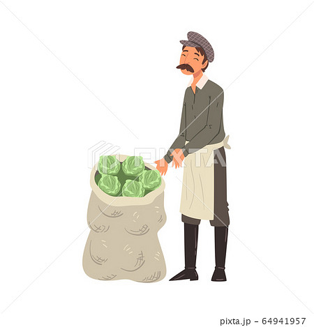 Friendly Male Farmer Selling Fresh Organic Cabbage at Marketplace Vector Illustration Friendly Male Farmer Selling Fresh Organic Cabbage at Marketplace Vector Illustration 64941957