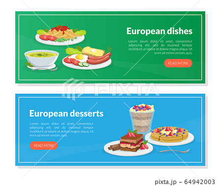 European Dishes and Desserts Landing Page Templates Set, Traditional European Cuisine Homepage, Website Vector Illustration European Dishes and Desserts Landing Page Templates Set, Traditional European Cuisine Homepage, Website Vector Illustration 64942003