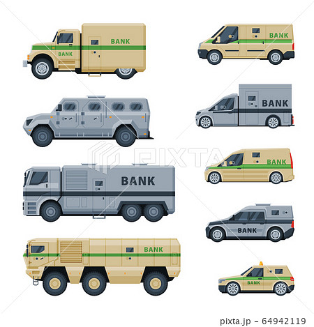 Bank Cash Car Vehicles and Trucks Collection, Banking, Currency and Valuables Transportation, Security Finance Service Vector Illustration 64942119
