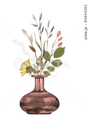 Watercolor flowers - bouquet - in vase. Boho style, soft and bright colors. Real dry flowers - herbarium. 64944262