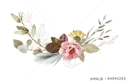 Flowers composition - bouquet, arrangement - hand painted illustration with real dry flowers - herbarium 64944263