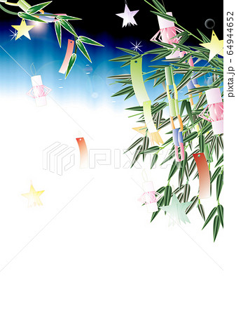 七夕の笹飾りのイラスト笹の葉や竹にあみ飾りと星のイラスト縦スタイル夜のイメージ背景素材のイラスト素材