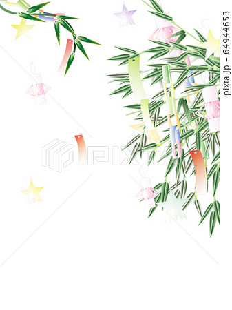 七夕の笹飾りのイラスト笹の葉や竹にあみ飾りと星のイラスト縦スタイル背景素材のイラスト素材