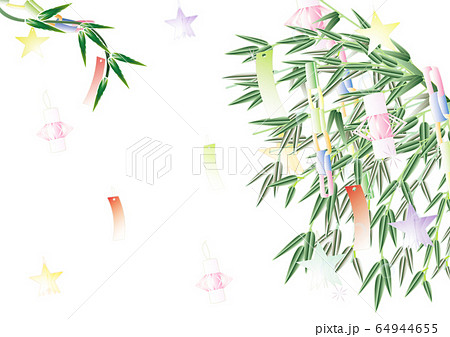 七夕の笹飾りのイラスト笹の葉や竹にあみ飾りと星のイラスト横スタイル背景素材のイラスト素材