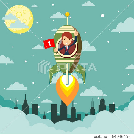 Happy businesswoman in a rocket ship launching to starry sky. Start up business concept. 64946452