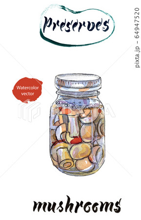 Homemade can. Glass jar of preserved mushrooms, hand drawn watercolor illustration 64947520