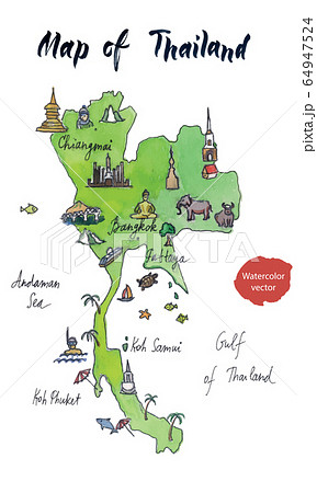Cartoon map of attractions of Thailand, hand drawn watercolor illustration Cartoon map of attractions of Thailand, hand drawn watercolor illustration 64947524