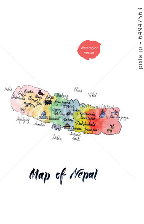 Cartoon map of attractions of Nepal, hand drawn watercolor illustration 64947563