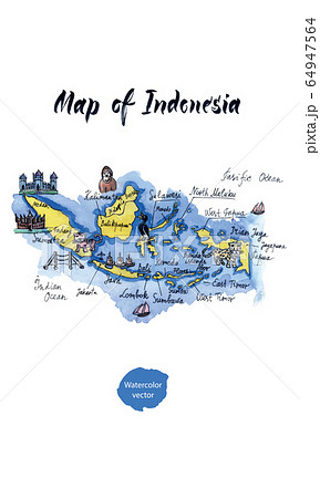 Cartoon map of attractions of indonesia, hand drawn watercolor illustration 64947564
