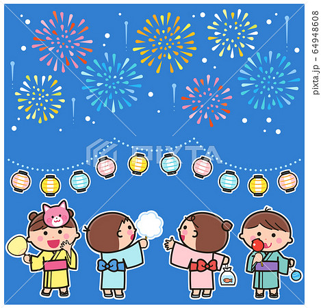 花火を見るこどもたち 白フチのイラスト素材